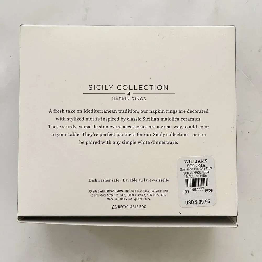 Williams Sonoma Sicily Napkin Rings Set of 4 Blue Ceramic New Box